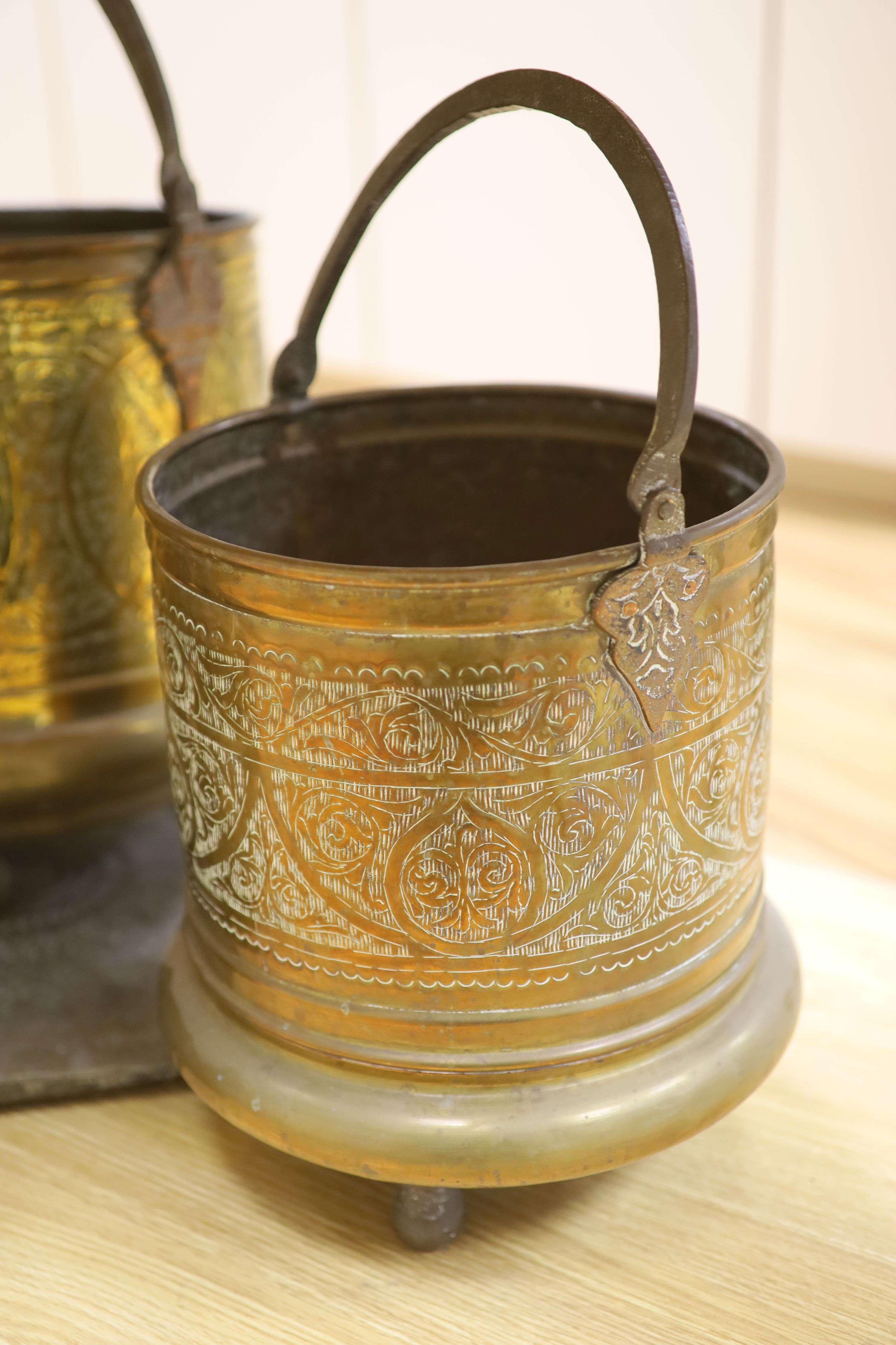 A quantity of Benares brassware including two coal boxes